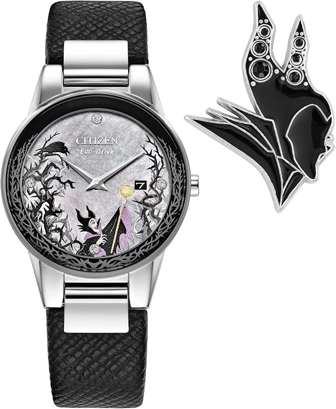 Citizen Women's Eco Drive Maleficent's Charm Box Set, Disney Villains, Stainless Steel, Black Leather Strap Watch (GA1080-41Y)