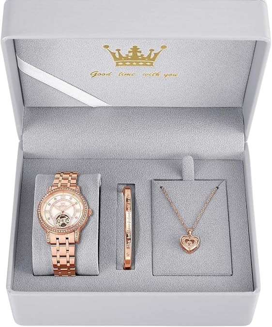 OLEVS Automatic Womens Watches Mechanical Diamond Skeleton Luxury Dress Stainless Steel Silver/Rose Gold Waterproof Luminous Ladies Wrist Watches Gift Set