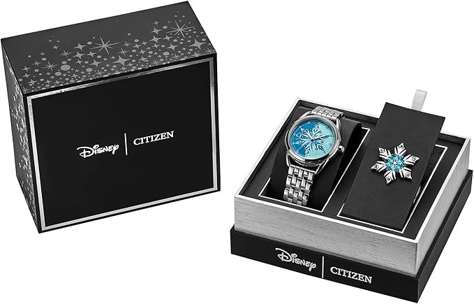 Citizen Women's Eco-Drive Disney Princess Frozen Crystal Watch and Pin Gift Set in Silver Stainless Steel Watch, Blue Dial (Model: FE7091-61W)