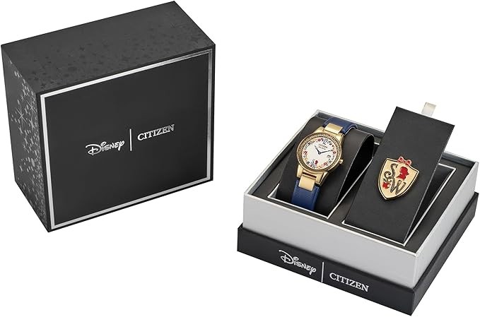 Citizen Ladies' Eco-Drive Disney Princess Snow White Gold Stainless Steel Case with Blue Leather Strap Watch and Pin Gift Set, Pale Gold Dial, Date (Model: GA1079-41W)