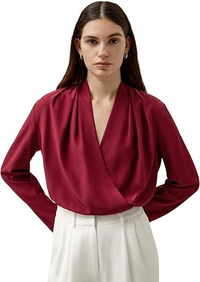 LilySilk Women's Pure Silk Blouse Ladies Mulberry Silk Shirt Overlapping V-Neck Symmetrical Pleats Top for Work