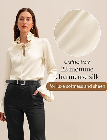 LilySilk Silk Blouse for Women 22 Momme Pure Silk Shirt Pullover Vintage Tie Collar Elegant Tops for Ladies