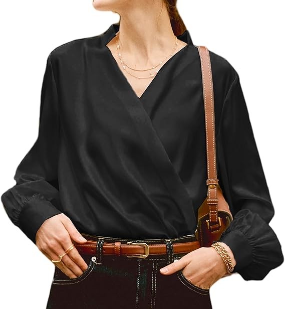 Silk Blouses for Women Long Sleeve Elegant Button Down Shirts Ruched V-Neck Fashion Blouse Ladies Summer Classic Flowy Tops