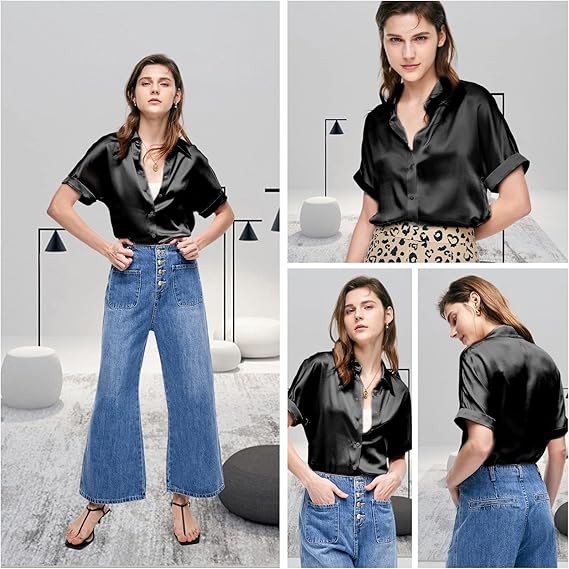 Silk Blouse for Women Button Down Shirts: Women's Short Sleeve Elegant Shirt 100% Pure Silk Casual Tops Summer Luxury Blouses