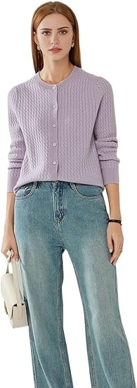 100% Cashmere Women's Cable Knit Cardigan Sweater Long Sleeve Crew Neck Warm Button Down for Spring Autumn Winter