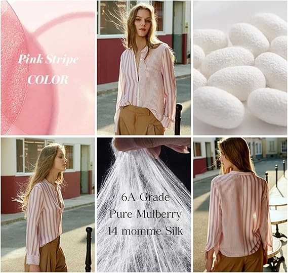 COLD POSH Women's 100% Pure Silk Blouse: Long Sleeve Button Down Shirt Spring Summer Smooth Tops - Women Elegant Soft Classic Fit Fashion Shirts for Ladies Work Casual Blouses,White & Pink Striped,S