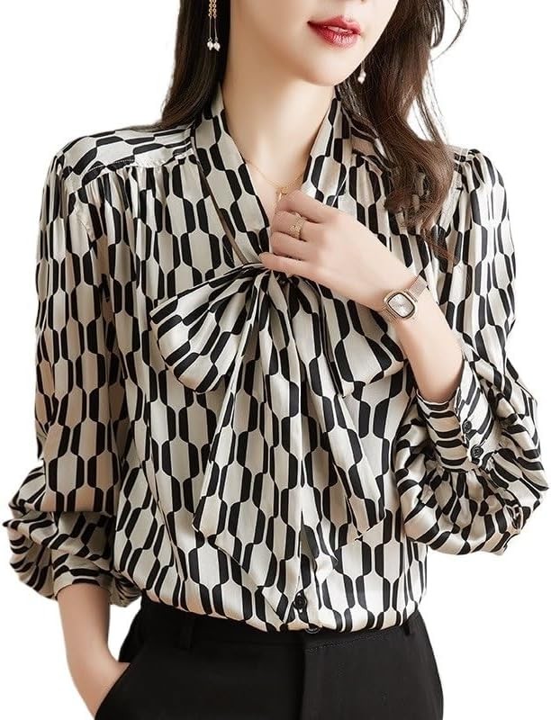 Black White Printed Tops V-Neck Ribbon Long-Sleeved Shirt Chiffon Office Shirt for Women(M)