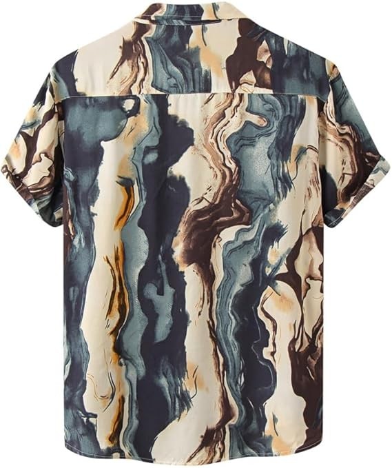 Men's Beach Shirt Patchwork Colour Block Print Short Sleeve Button Down Lapel Casual Vintage Shirt