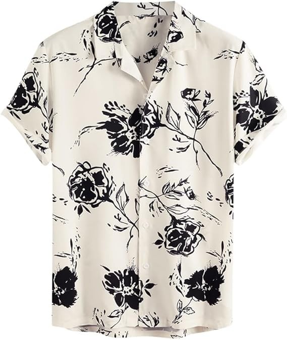 Men's Casual Floral Shirt Short Sleeve Lapel Rose Cardigan Button Down Shirt Top