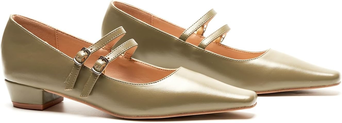 C.Paravano Women's Mary Jane Flats with Narrow Square Toe & Double Adjustable Straps - Low Block Heel Dress Pumps for Party, Office, Daily Wear