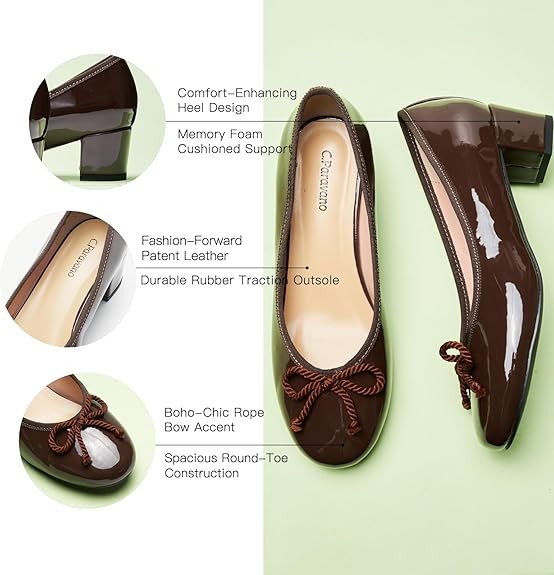 C.Paravano Women's Chunky Heel Ballet Pumps-Patent Leather Dress Shoes with Bowknots for Wedding & Office, Spring Date Nights, Business Casual