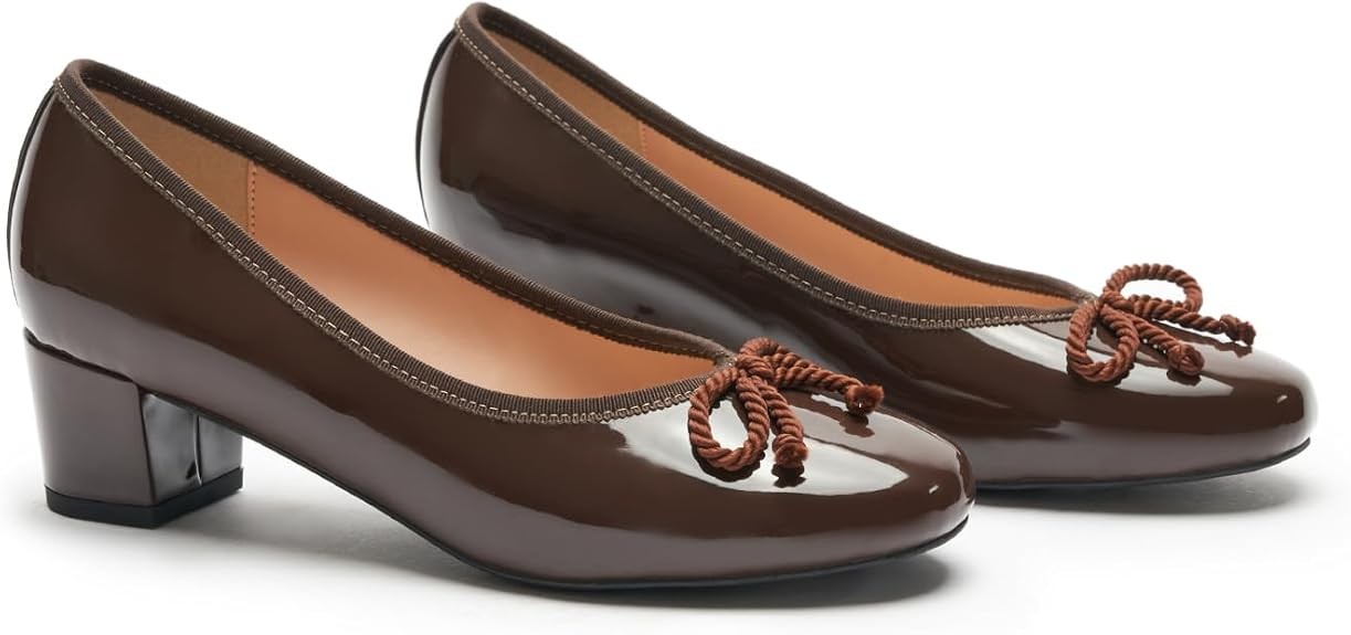 C.Paravano Women's Chunky Heel Ballet Pumps-Patent Leather Dress Shoes with Bowknots for Wedding & Office, Spring Date Nights, Business Casual